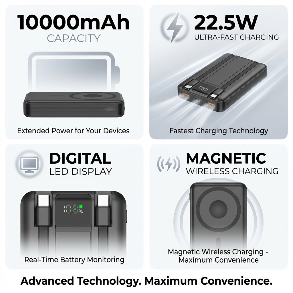 A 10000Mah 22.5W Magnetic Portable Power Bank Featuring Two Integrated Cables, an Essential Accessory for Everyday Travel