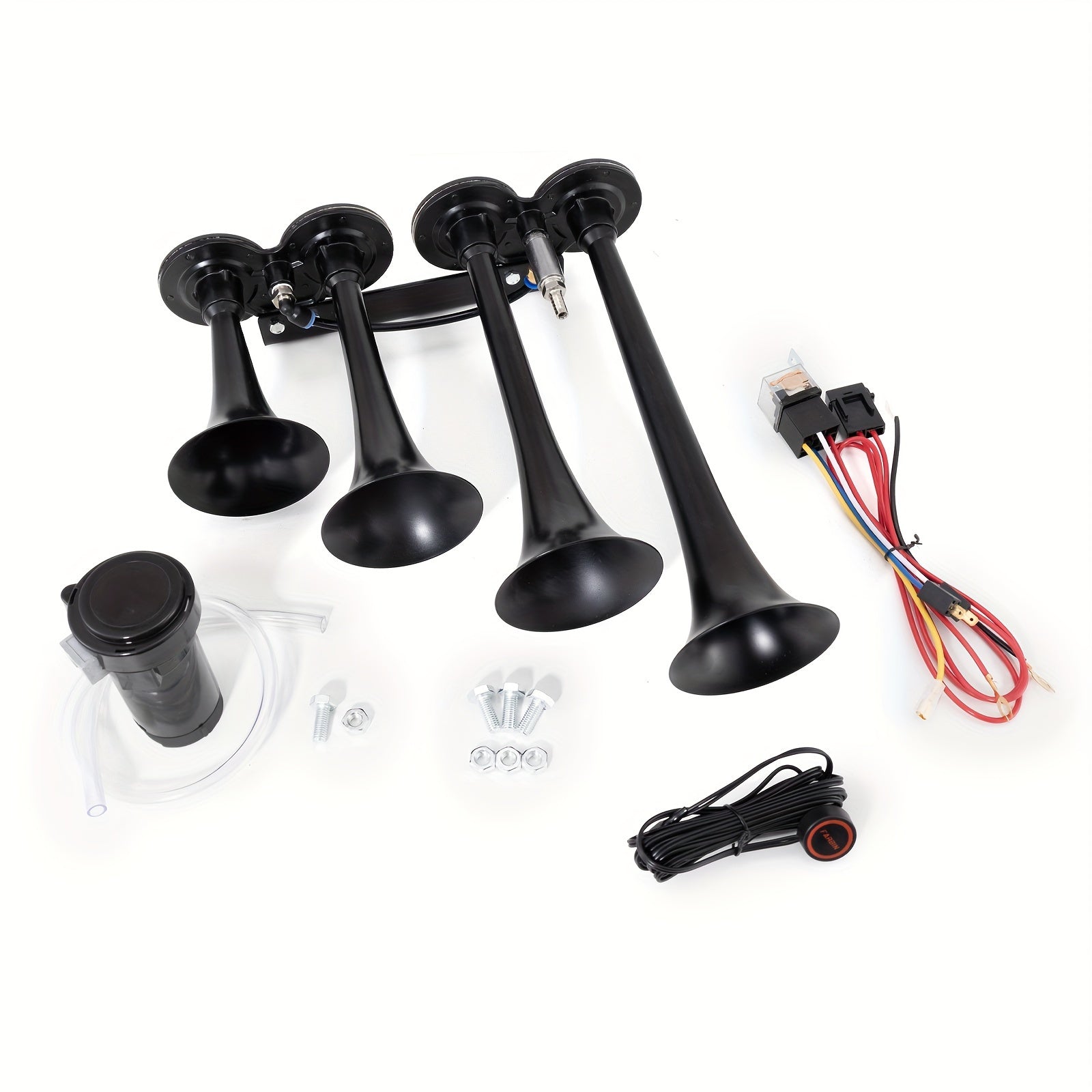 ALLREY Truck Air Horn Train Horn 12V 4-Horn Car Horn Super Loud Air Horn with Compressor, Fits Vehicles Trucks Cars Pickup Jeep SUV Train Boat, Matte Black Silver Red