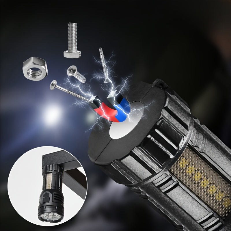 1PC 2025 New Rechargeable 9-LED Flashlight with COB Side Light, USB Power Supply, 1800mAh Lithium Battery, Standard Functions Including USB Cable, Portable Emergency Spotlight for Outdoor Use