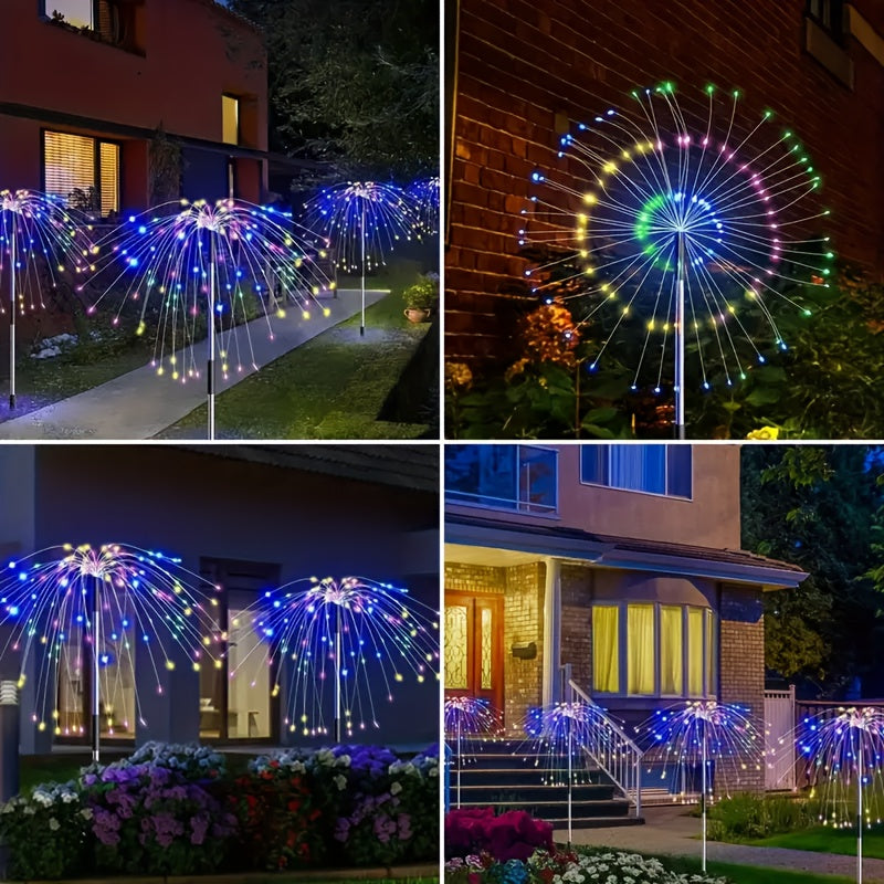 FACHOI 8件套-480LED太阳能烟花灯带智能光感器 4件套-240LED 适用于户外庭院、步道、露营、派对、婚礼、圣诞节和聚会 具有8种照明模式：白色/暖白色/多彩