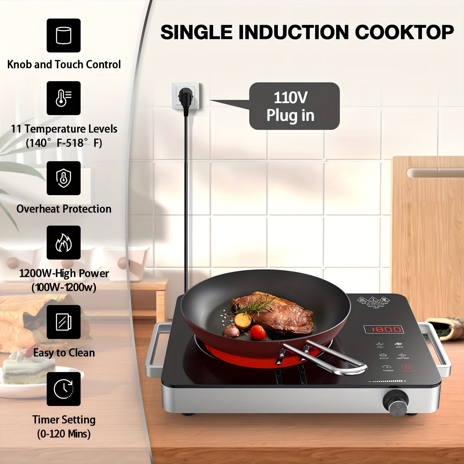 110V Portable Electric Hot Plate, Infrared Heating Plate, Knob Control, Single Burner Countertop Stove with Handle, 3-Hour Timer, Compatible with All Types of Cookware