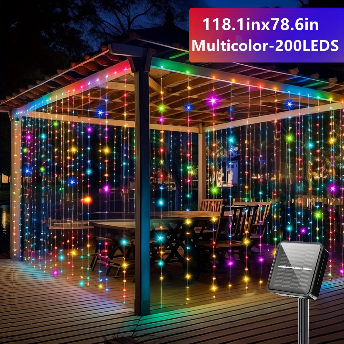 1个100/200/300 LED太阳能户外窗帘串灯，8种照明模式仙女灯，圣诞节万圣节斋月装饰灯，非常适合婚礼派对、阳台、庭院、花园装饰户外照明，户外条形灯IP44
