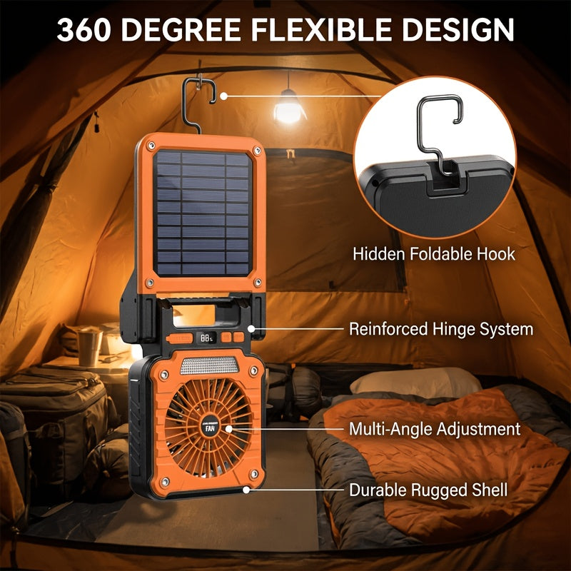 Portable Camping Fan, USB & Solar Charging, 3 Wind Speed Levels, Digital Power Display, 5 Lighting Modes, Emergency Light, Built-in Hook, Ideal for Camping & Auto Repair, Comes with Storage Bag