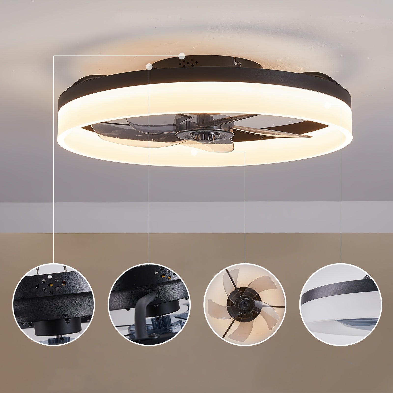 Modern Low Profile Ceiling Fan with Light and Remote, 19.7 Inch, Adjustable Color Temperature & 6 Speed Settings, Black, for Bedroom, Room & Living Room