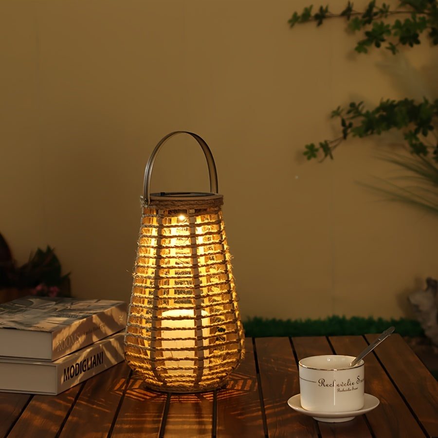 One-Piece Handwoven Jute Rope Solar Ambient Light Outdoor LED Decorative Lantern No Installation No Wiring Portable Handheld Lamp Suitable for Garden Courtyard Decoration