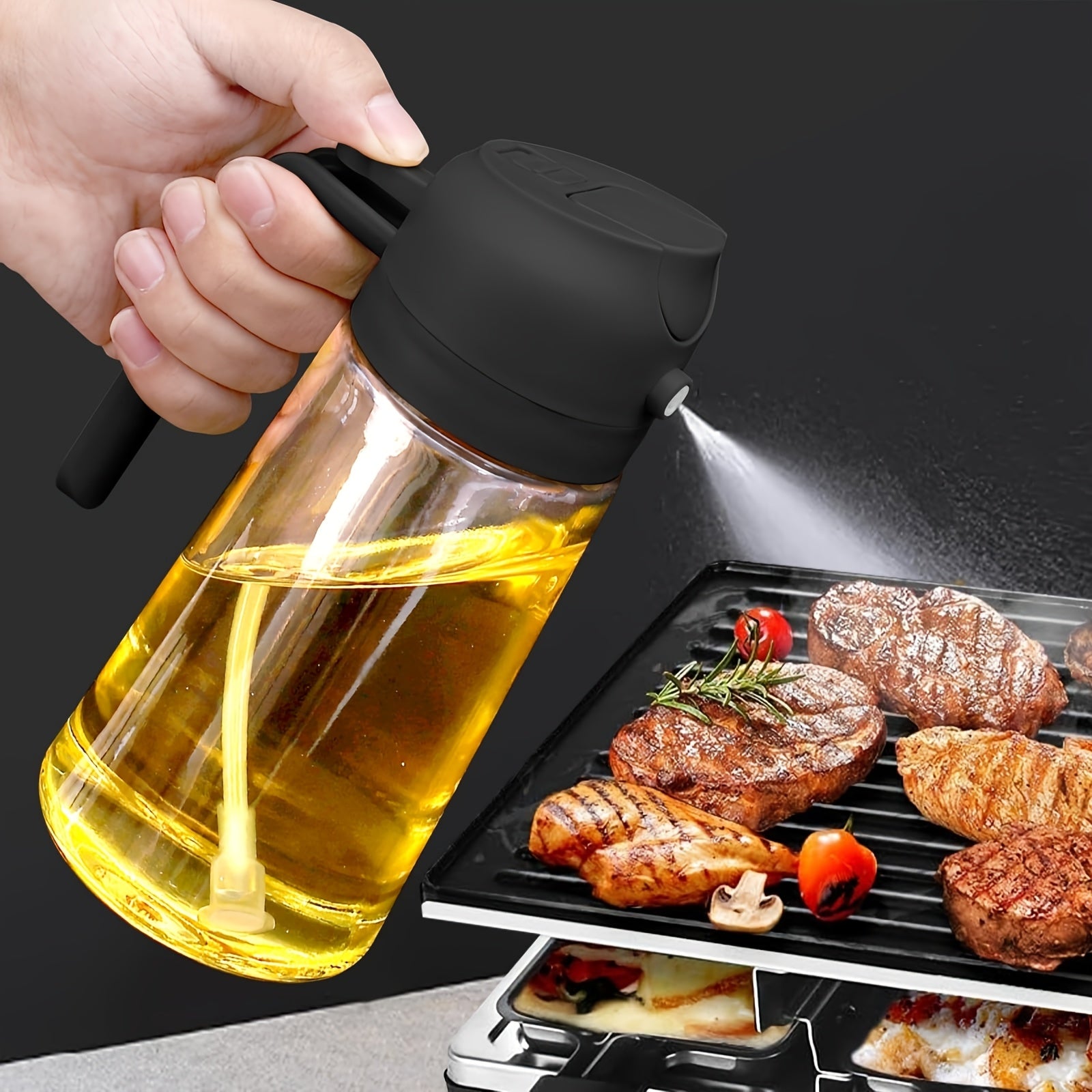 16 Oz Glass Oil Spray Bottle - 470ml Olive Oil Sprayer, 2-in-1 Kitchen Gadget, Perfect for Cooking, Salad Dressing and Barbecue, Square Design with Black Lid, Hand Wash Only, PVC Free