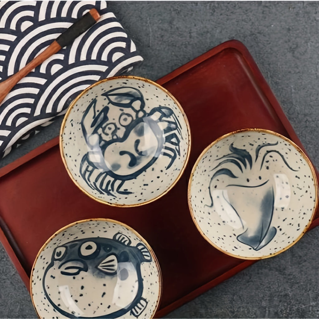 4pc/6pc 4.75-Inch Vintage Ocean Ceramic Bowl – Rice Bowl, Yogurt Bowl, Fruit Bowl, Dinner Bowl