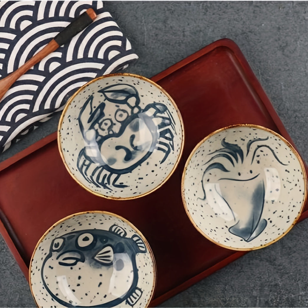 4pc/6pc 4.75-Inch Vintage Ocean Ceramic Bowl – Rice Bowl, Yogurt Bowl, Fruit Bowl, Dinner Bowl