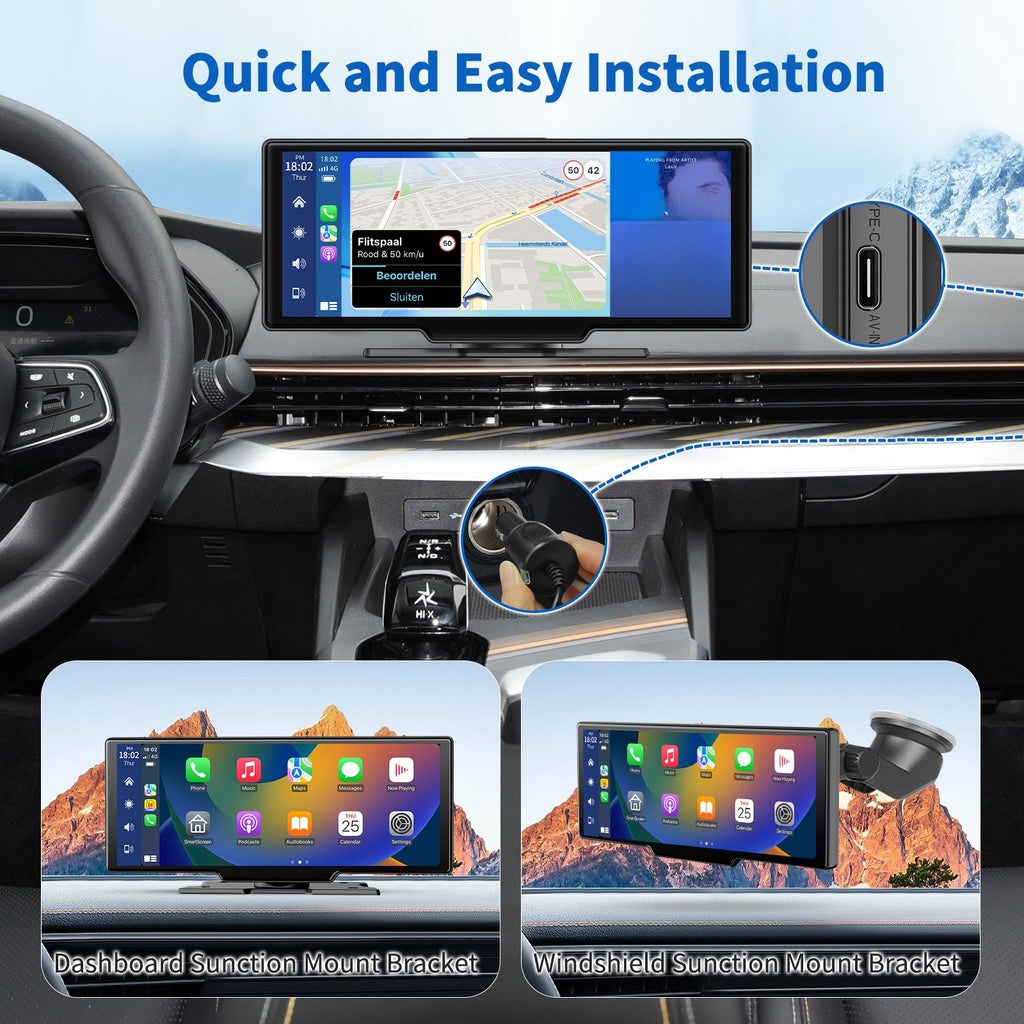 10.26-Inch Screen Car Player Portable Car Monitor Car DVR Recorder Supports Rear Camera for Android Auto with Voice Control Front Camera, Vehicle Monitor, Dash Cam, Stylish Car Display, Touchscreen Player, High-Resolution Screen