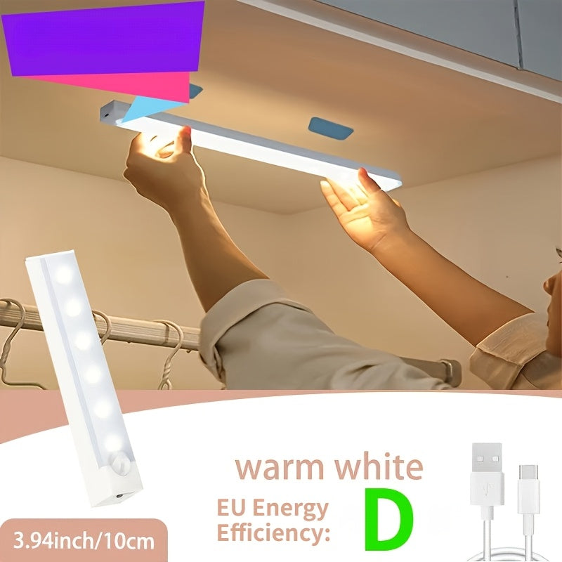 1个 3.94-19.69英寸 LED 智能运动探测灯条 - 无线 USB 供电暖白光 - 冷白光橱柜下照明，磁性粘合安装，易于安装，非常适合衣柜、橱柜和楼梯