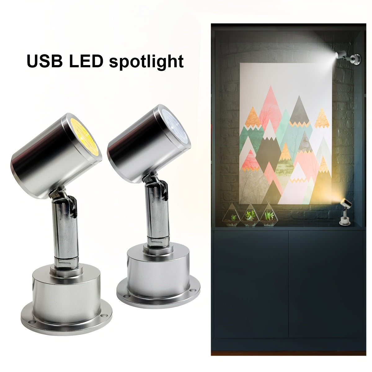Warm white portable USB LED flood light - surface mount pendant fan-shaped light with push-button control, rotatable aluminum lampshade, suitable for cabinet, display case, jewelry lighting