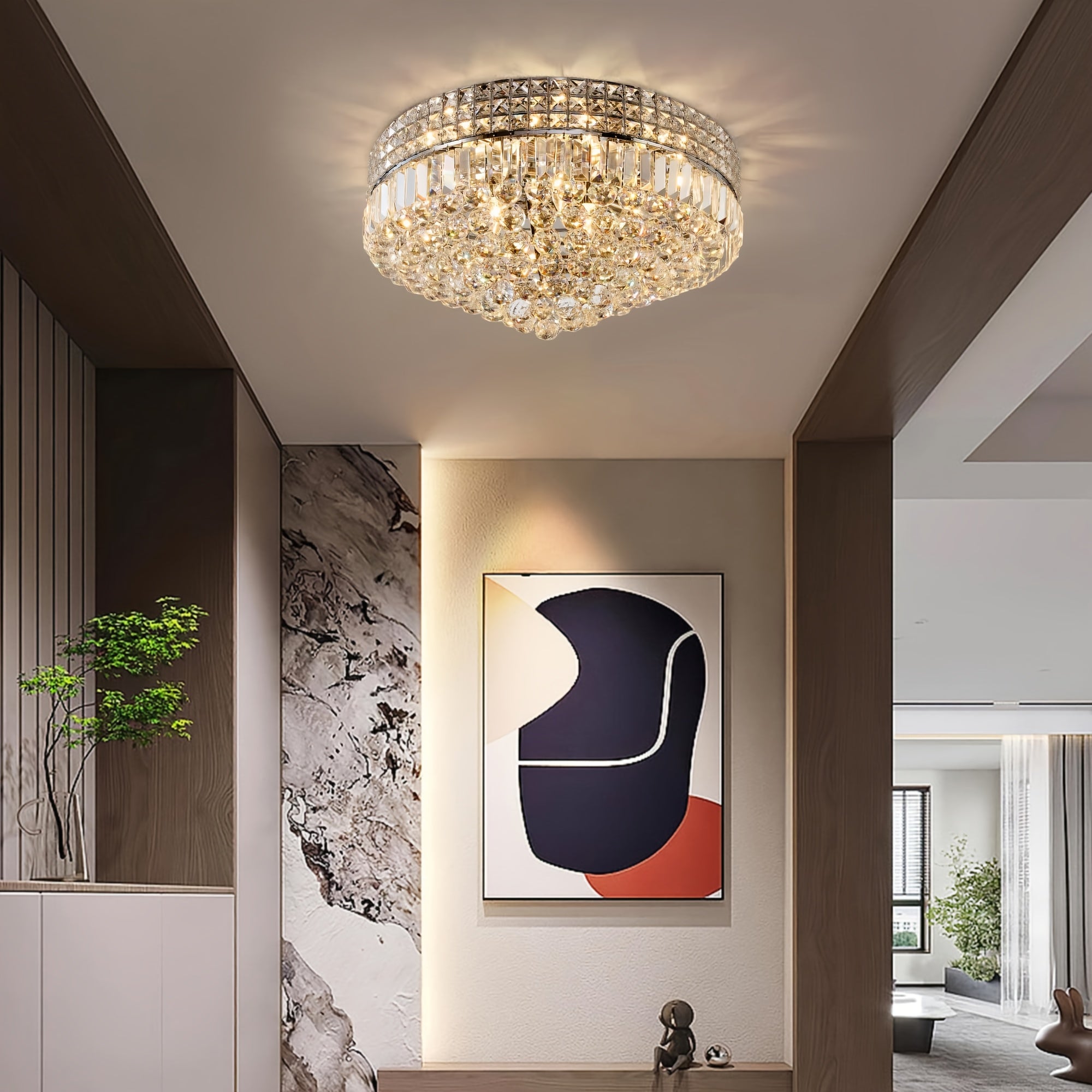 D16.54-Inch Modern Crystal Chandelier, Chrome Lamp Head, Round Raindrop Design, Perfect for Ceilings of Dining Room, Living Room, Bedroom and Bathroom