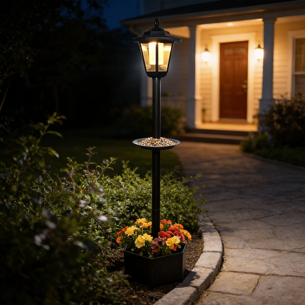 1-Piece 26.5in23in90.5in Solar Decorative Ambient Light Bird Feeder, Outdoor Courtyard Landscape Lighting Device with Bottom Planting Flower Pot, IP44