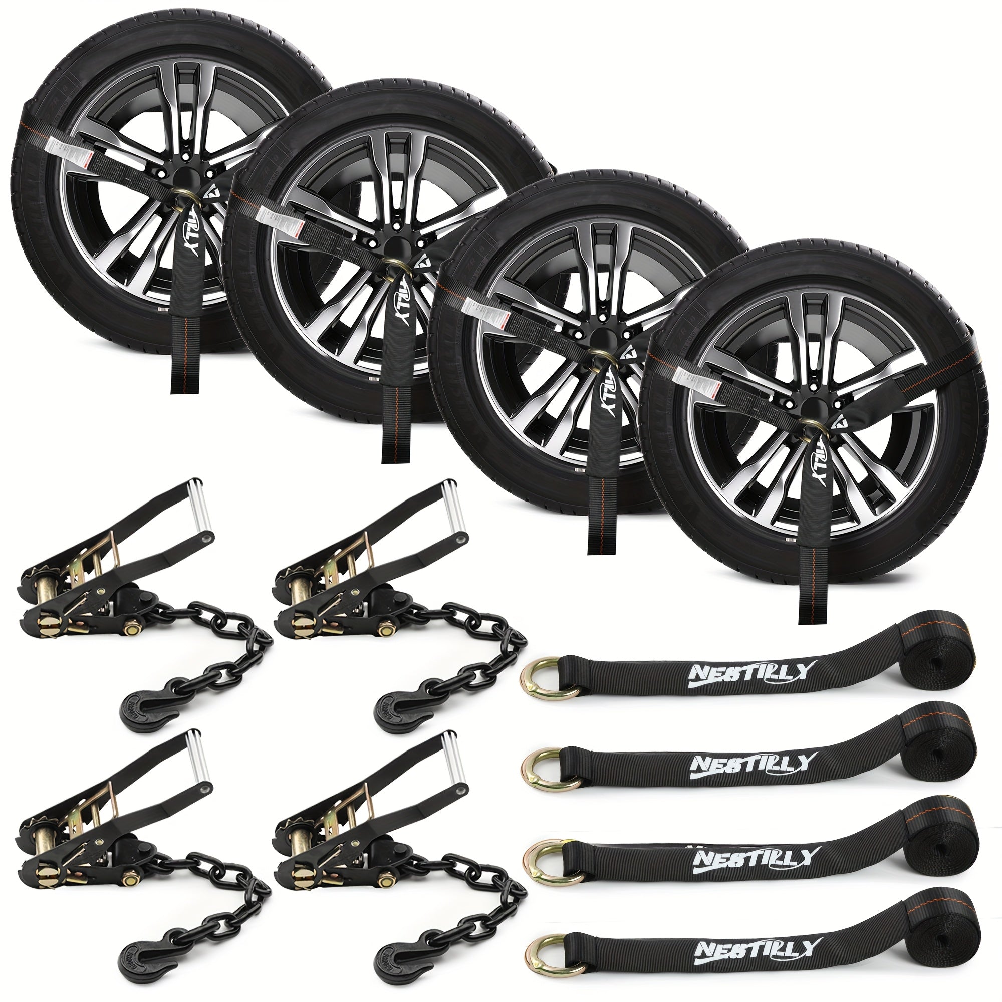 4-Pack Reflective Car Trailer Tie Down Straps - Tire Ratchet Straps with Chain Anchor Device - 2in x 8ft, 9900lb Break Strength - Lasso-Style Wheel Straps for Transporting ATVs, SUVs, Trucks