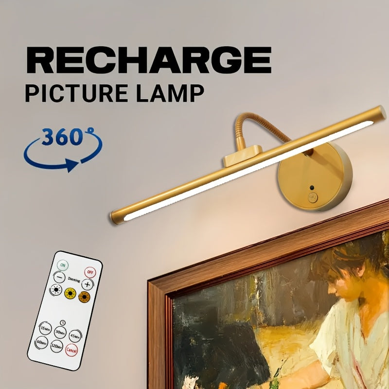 12.59-Inch Gold-Plated Metal Rechargeable LED Picture Light - Dimmable, Art Lighting, with Infrared Remote Control, Suitable for Living Room and Bedroom Decor, Living Room Enhancement | Stylish Wall Light | LED Light, Living Room Light