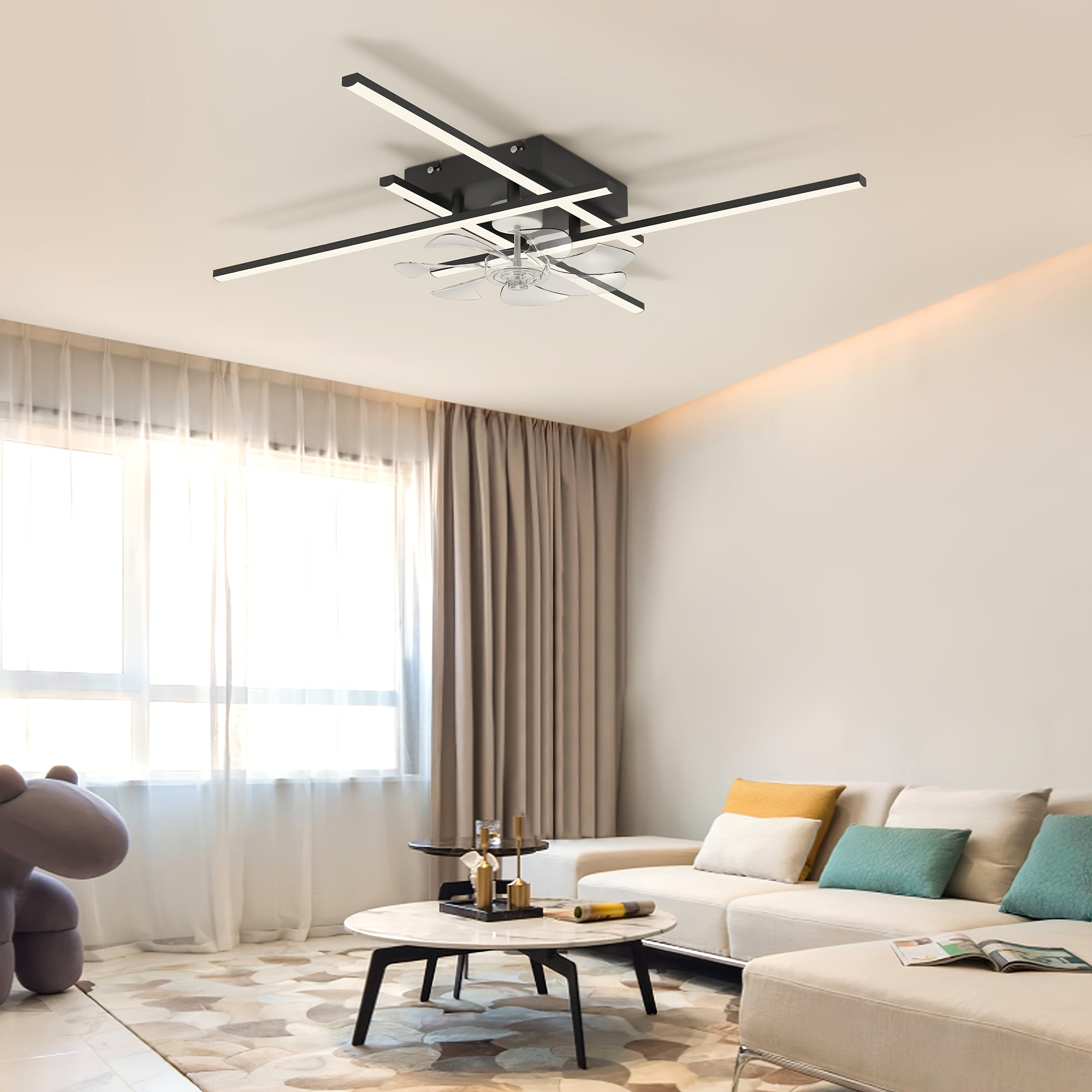 Modern LED Ceiling Fan with Light and Remote Control, Black Sputnik Semi-Flush Mount Ceiling Fan, Modern Chandelier Lighting Fixture for Bedroom Living Room Dining Room Kitchen Office