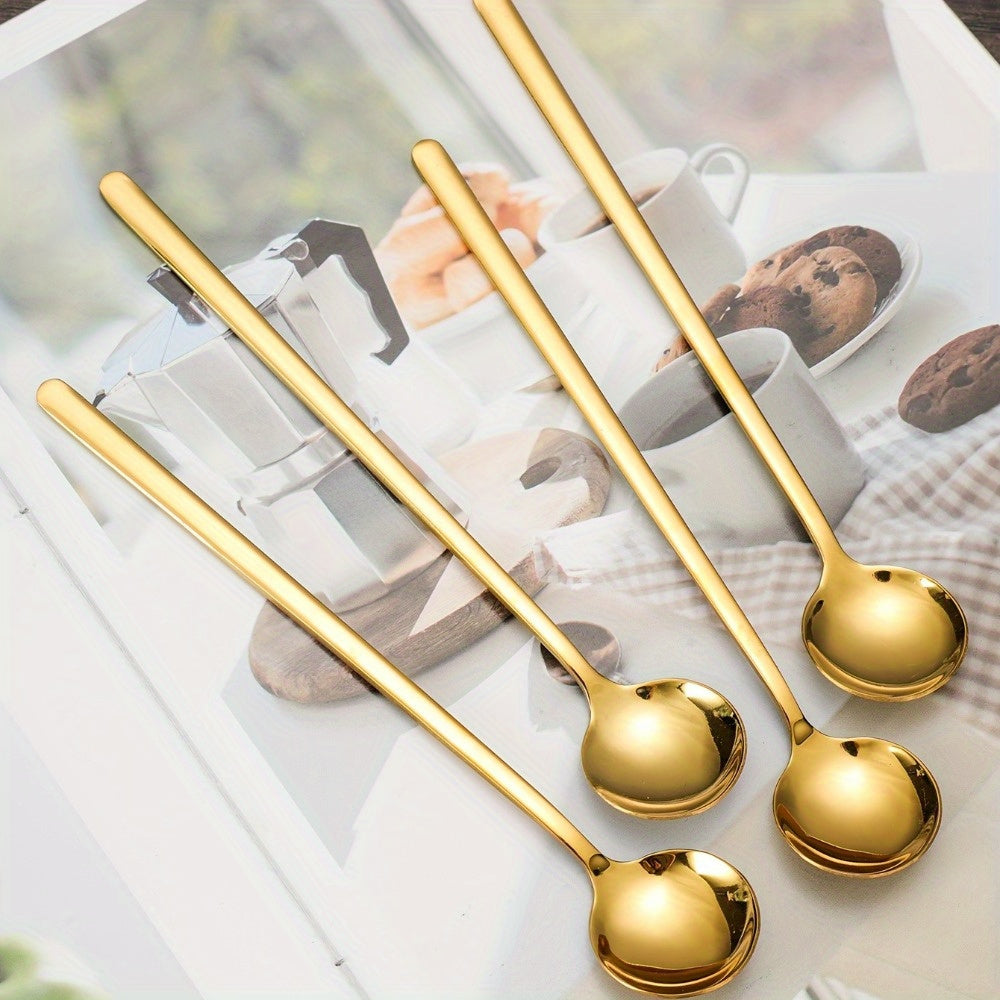 8-Piece Stainless Steel Long Handle Spoons Set - Gold Coffee Stirring Spoons & Tea Spoons, Elegant Home & Kitchen Utensils