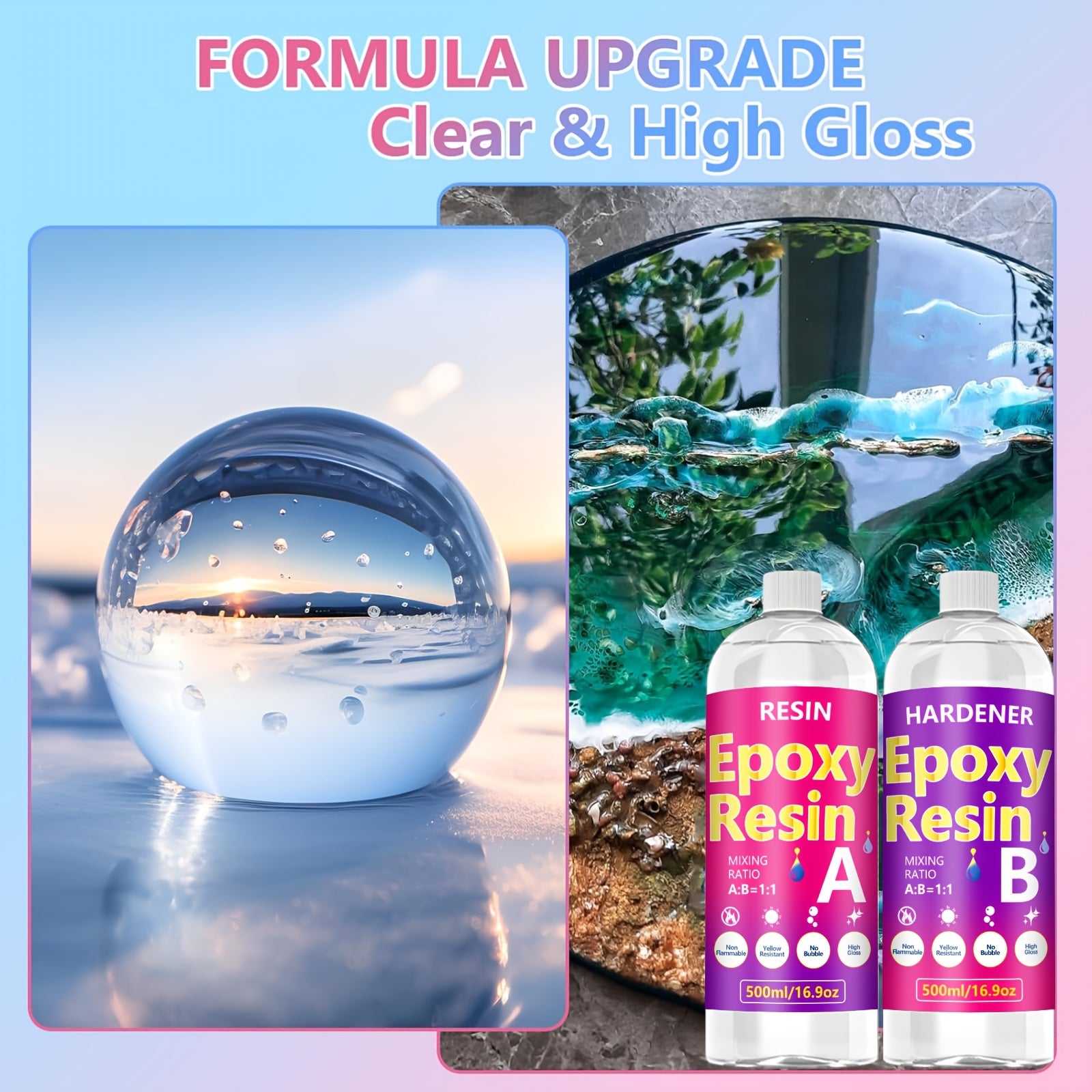 OOTDART 120毫升/500毫升/1000毫升透明环氧树脂 - 自流平、高光泽、不泛黄、无气泡浇铸树脂，非常适合工艺品、桌面、DIY（1:1比例）、美术用品、桌面涂料、光滑表面、耐用材料、工艺树脂、工艺品