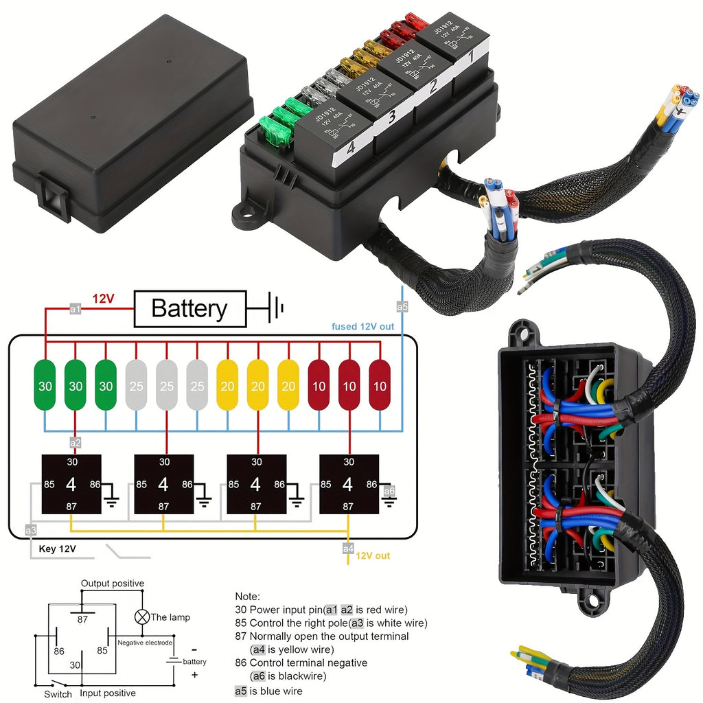 Pre-Wired Fuse Relay Box, 2/3/4/6 Way 4-Pin 40A Relay Block Kit, Suitable for Car Truck Boat JEEP