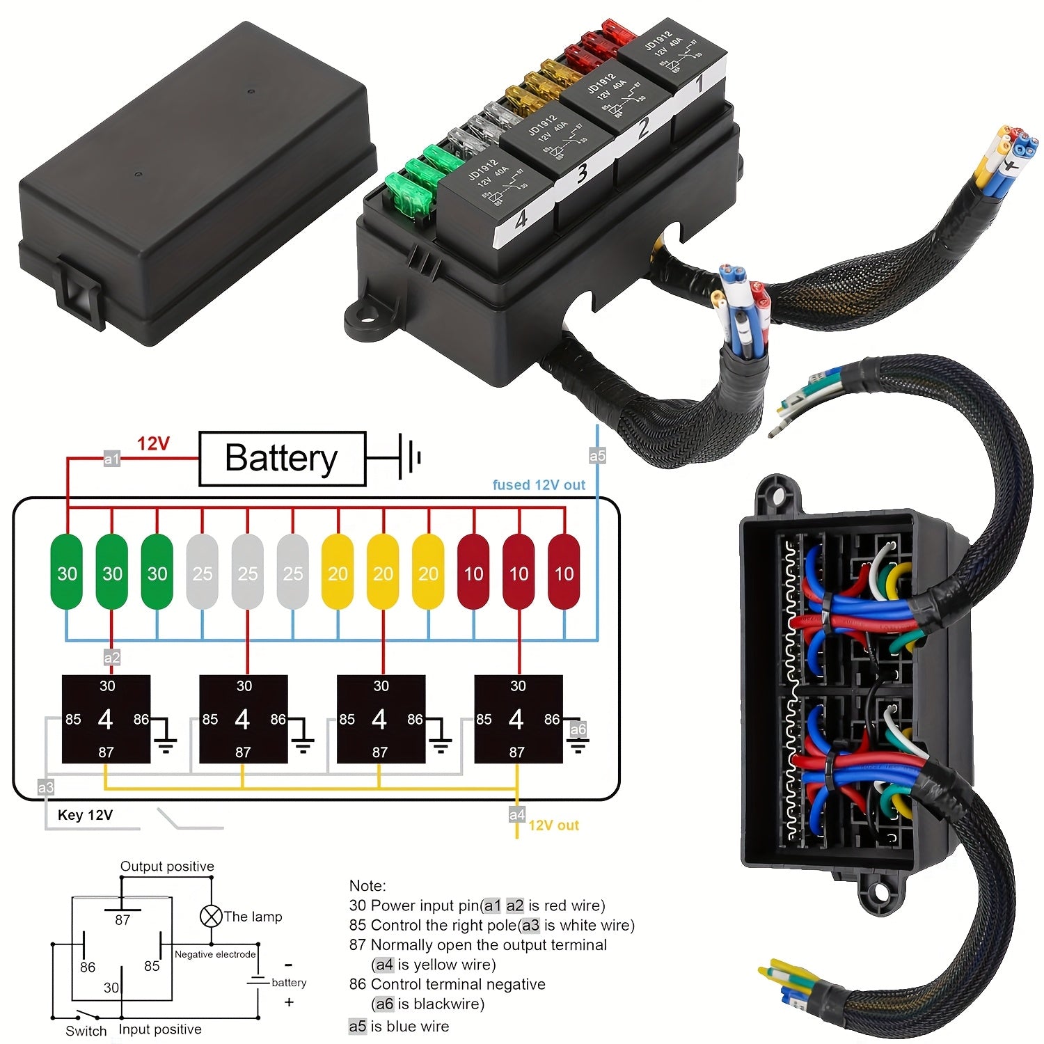 Pre-Wired Fuse Relay Box, 2/3/4/6 Way 4-Pin 40A Relay Block Kit, Suitable for Car Truck Boat JEEP