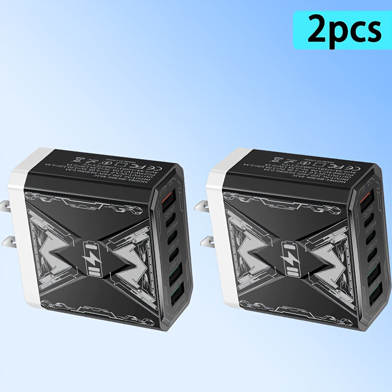 6-in-1 Fast Charger 3USB + 3Type-C Power Adapter with Indicator Light, QC3.0 Power Adapter Cube USB Wall Charger, for iPhone 17/ 16/ 15/ 13/ 13pro/ 12/ 12pro/ XR/ SE, Pro/ Mini/ Air---Perfect Christmas, Holiday, New Year Gift,  Travel Charger