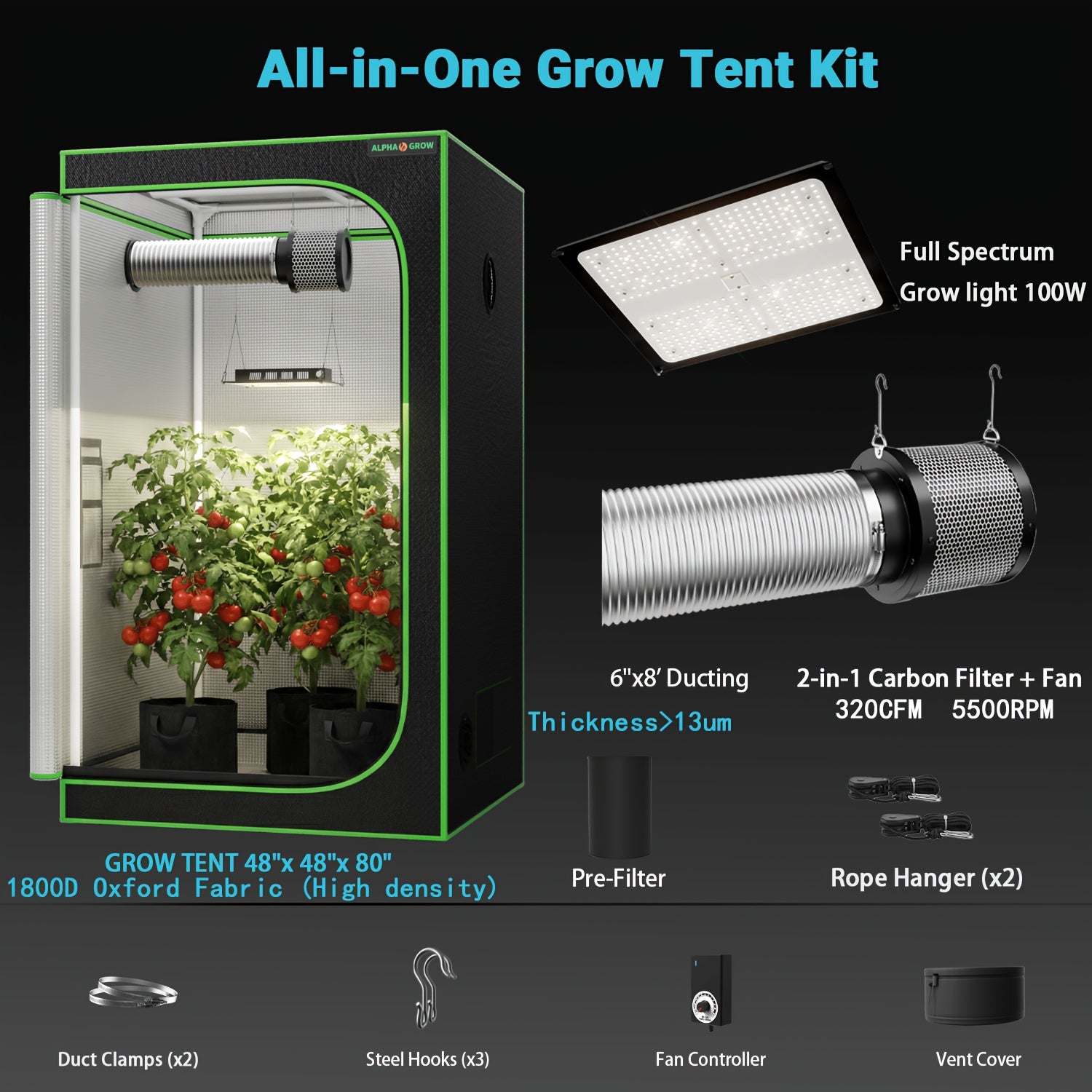Professional 1800D 4x2 Grow Tent Kit 48"x24"x60", Complete Hydroponic System for Indoor Plants, 100W Full Spectrum LED Grow Light, 320CFM 6 Inch 2-in-1 Fan & Carbon Filter Combo 2398196504, High Reflective Mylar Lining