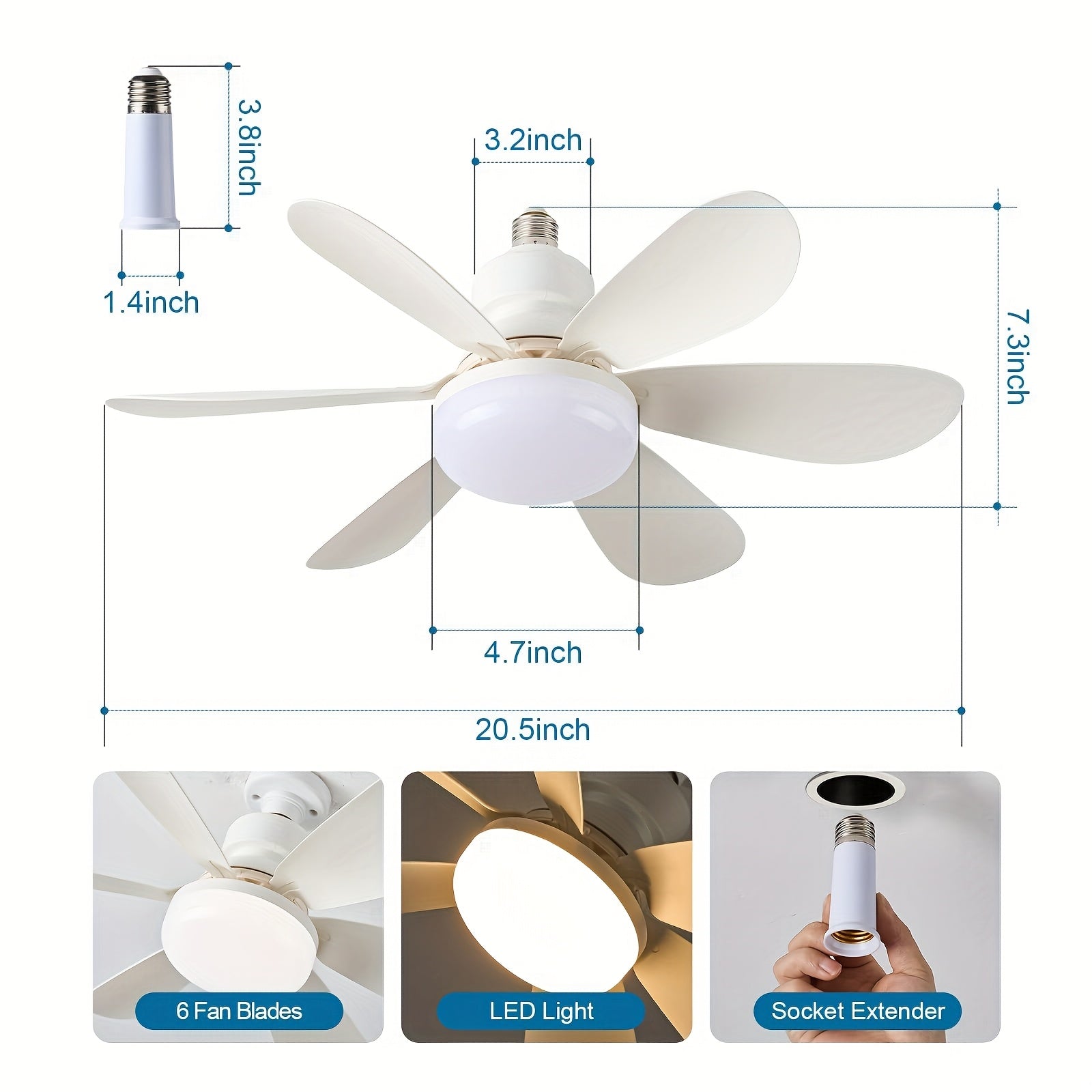 White LED Ceiling Fan Light with 3 Adjustable Speeds and Remote Control, 16.5 Inch / 20.5 Inch Fan Lighting Fixture, 30W / 40W Dimmable Color Changing Fan Light, Hardwired, 100V-240V Working Voltage, Color and Wood Grain Optional