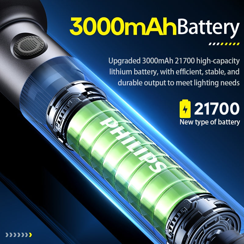 Philips 2243 High-Power LED Flashlight, 3000mAh Lithium Battery, Type-C Direct Charging, Aluminum Alloy Body, Ideal for Camping, Fishing, Hiking, Exploration, Work & Durable Outdoor Use