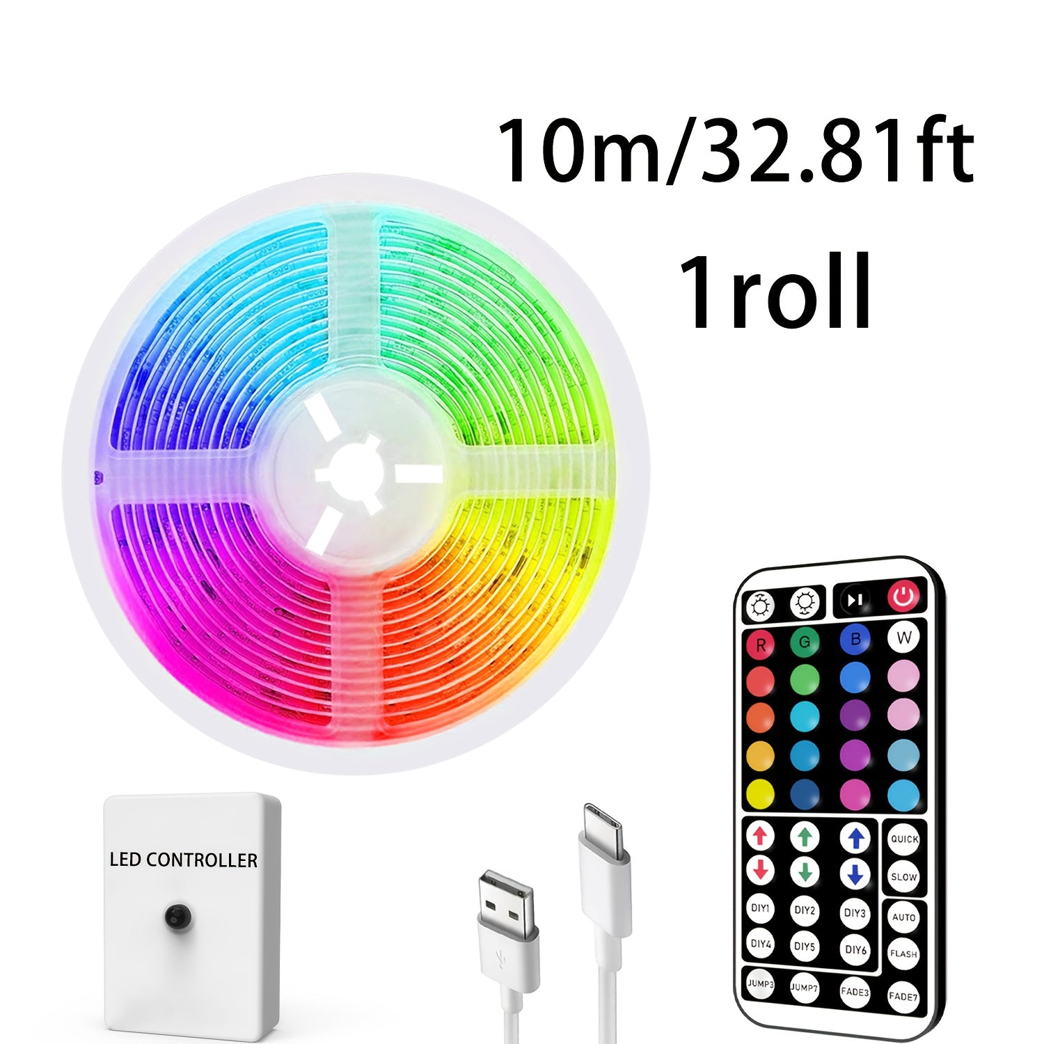 Type-C接口灯带，长度可选3.28到98.43英尺，具有RGB动态灯光和LED灯，配备44键遥控器和信号接收器，可更改模式，适用于天花板、卧室、酒吧、复活节庆祝活动