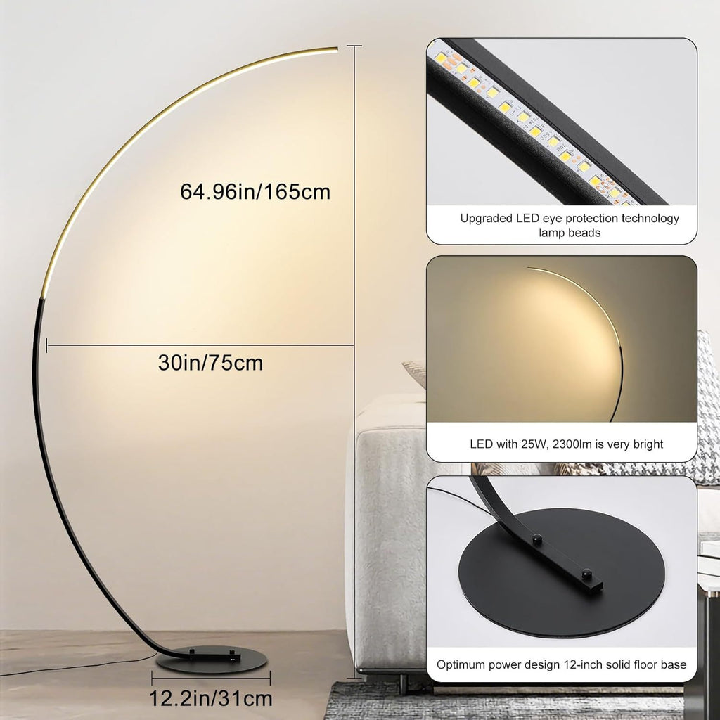 65-inch modern arc floor lamp with remote control, LED dimmable curved reading floor lamp, 3-color temperature vertical floor lamp, timer corner floor lamp, suitable for bedroom, living room, office