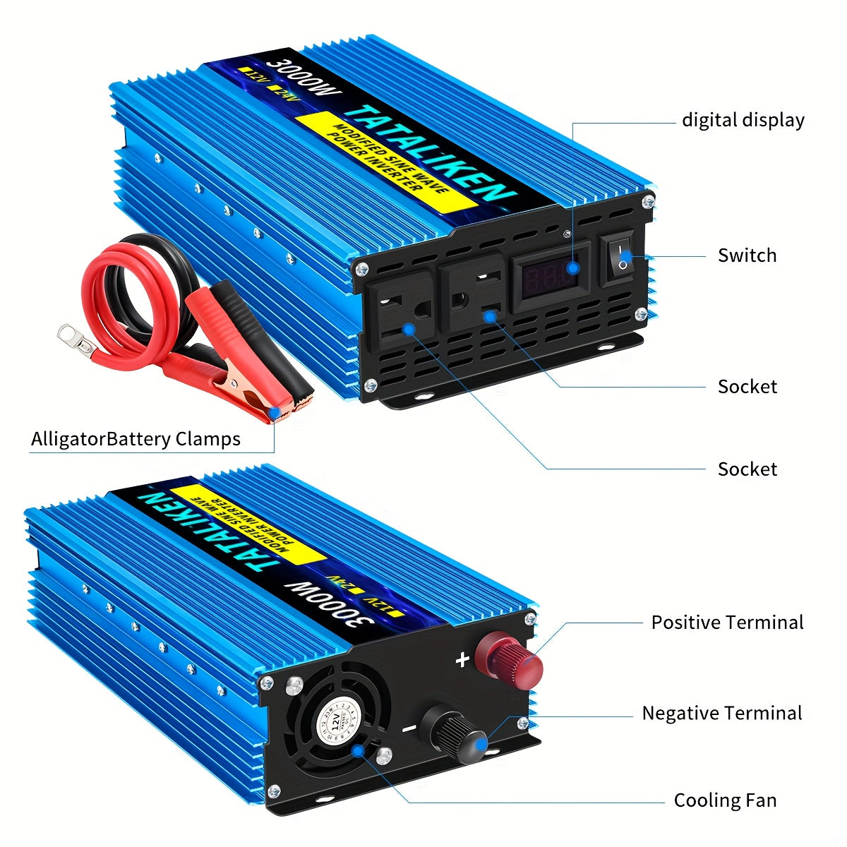 TATALIKEN 电源逆变器3000W/4000W(峰值功率), DC12V转AC110V, 家用备用电源逆变器/低噪音适用于车载, 汽车、房车、卡车以及电子设备，不带电池