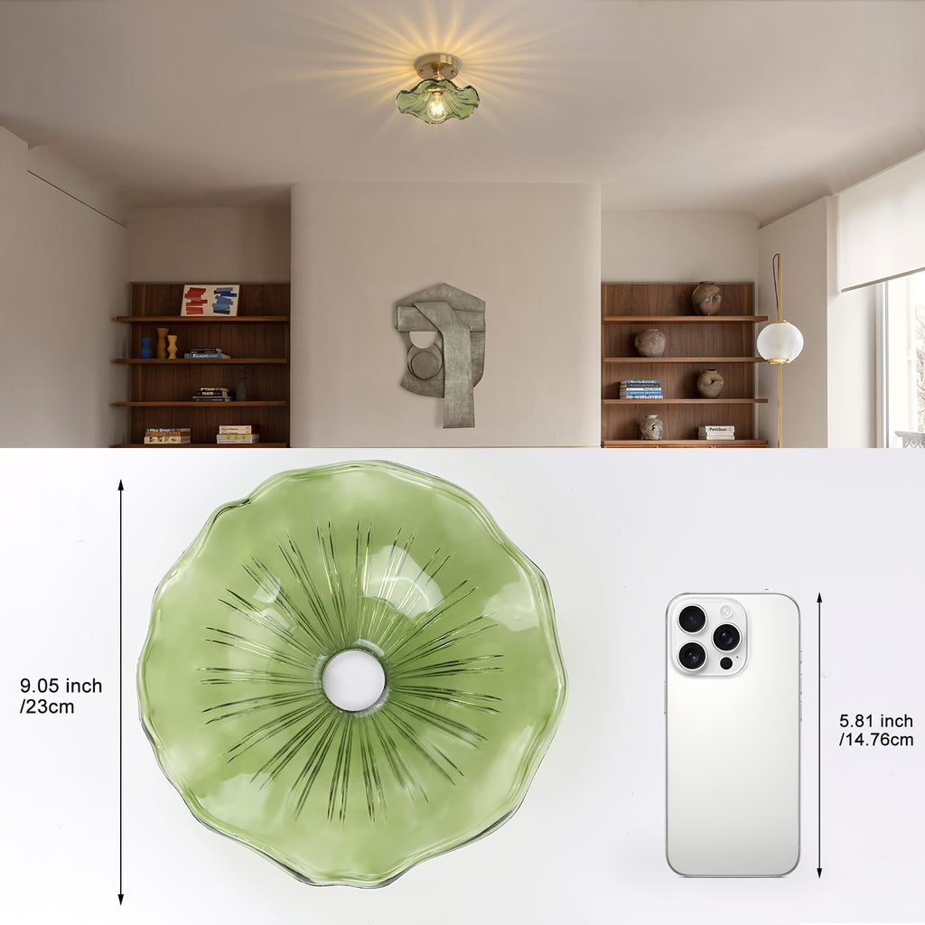 Semi-flush mount ceiling light, gold hallway vintage light fixture ceiling, with green water lily glass, 4.72-inch base modern ceiling light, suitable for porch, kitchen, bedroom (E27 base, bulb not included)