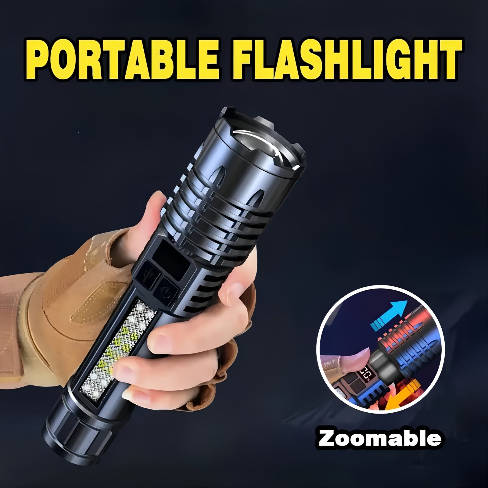Rechargeable High Lumen Super Bright Flashlight, 5 Modes Zoomable with LCD Digital Display, Powerful Handheld LED Flashlight, ABS Material High Brightness Outdoor Light for Emergency, Camping, Fishing, Running and Hiking