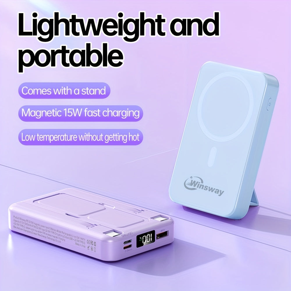 Winsway 10000mAh 磁吸無線行動電源，22.5W 快速充電行動電源，包含 Type-C 資料線、USB 連接埠、LED 螢幕和可折疊支架，適合送給 Iphone 和 Android 裝置的聖誕禮物