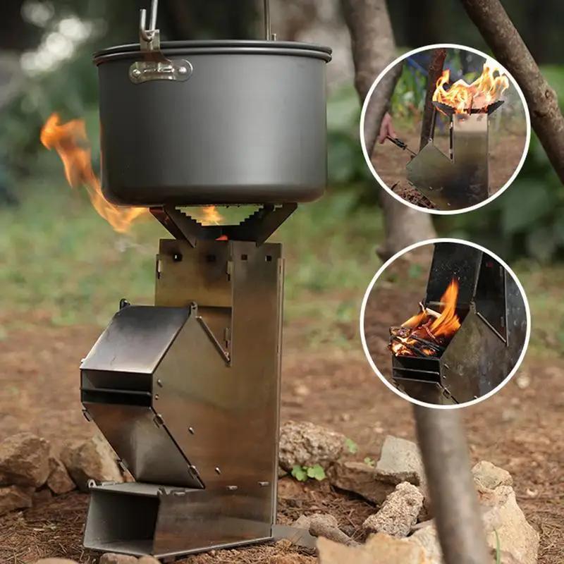 Portable Stainless Steel Outdoor Rocket Stove – Foldable Wood-Burning Camping Stove with Chimney Effect, Lightweight Wood-Burning Cooker for Camping, BBQ, Backyard – No Propane Needed, Ash-Free Operation, Includes Storage Bag