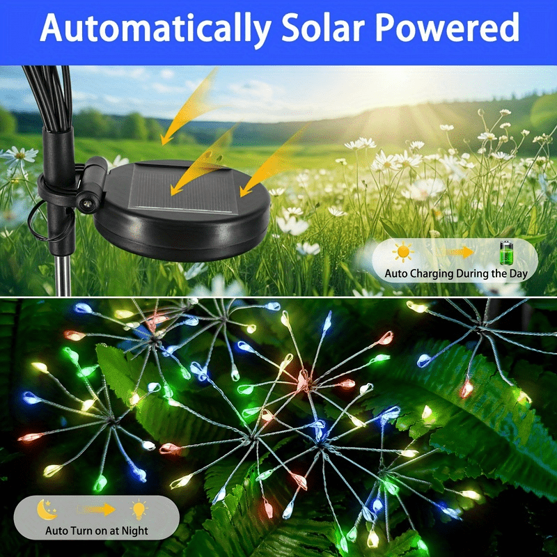 New Solar Fireworks Ground Insert Light, Path Light, Solar Fireworks Swing Light, Landscape Spotlight, Solar Dandelion Fireworks Fairy Light, Semi-Flush Plastic Courtyard Lawn Light, Durable Plastic Structure, Perfect for Courtyard and Garden Decoration