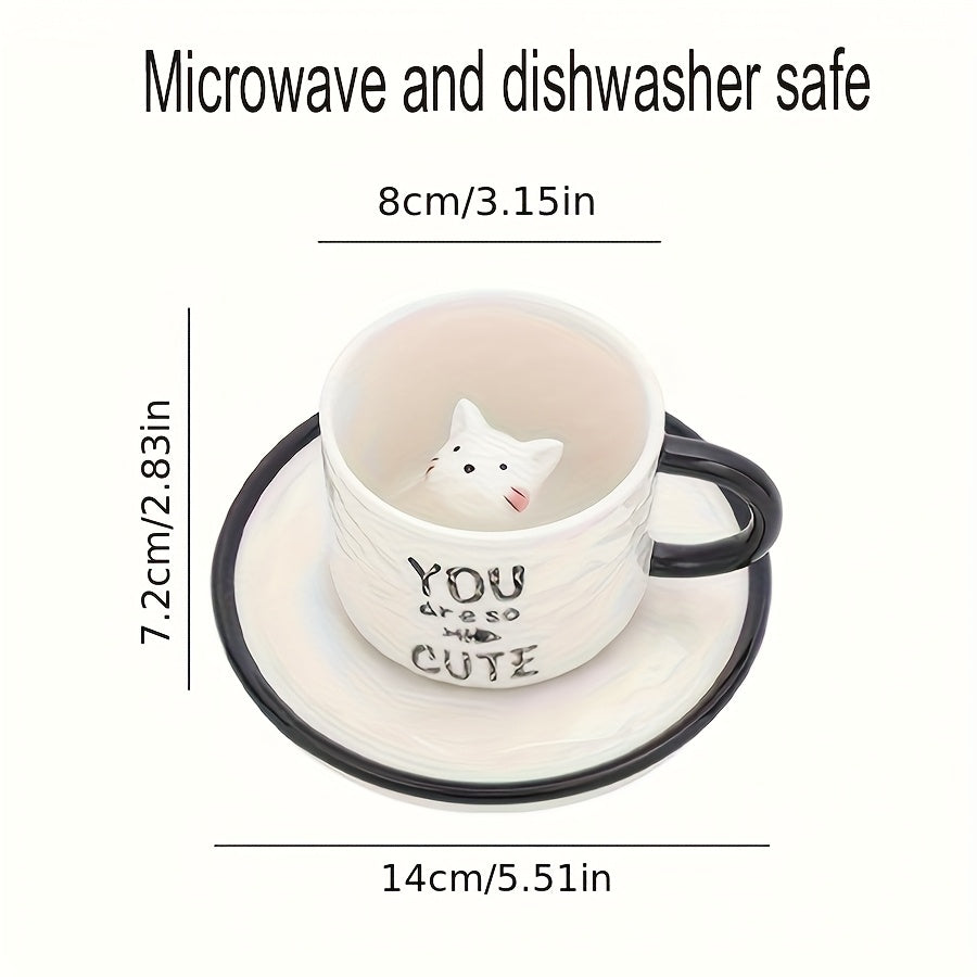 1pc 200ml / 6.7oz Japanese Cute Ceramic Hidden 3D Cat Cup & Saucer, Hand-Painted Under-Glaze Adorable Cat Cup, Breakfast Cup, Afternoon Tea Cup Set, Birthday & Holiday Gift for Cat Lovers