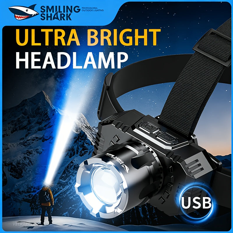 1PC Rechargeable X50 Headlamp Head-mounted Strong Flashlight Super Bright LED Chip USB Charging Cable Zoom Function Detachable Headband Hands-free Operation Adjustable White Light Beam Multi-mode Switching for Night Fishing Camping Hiking Running