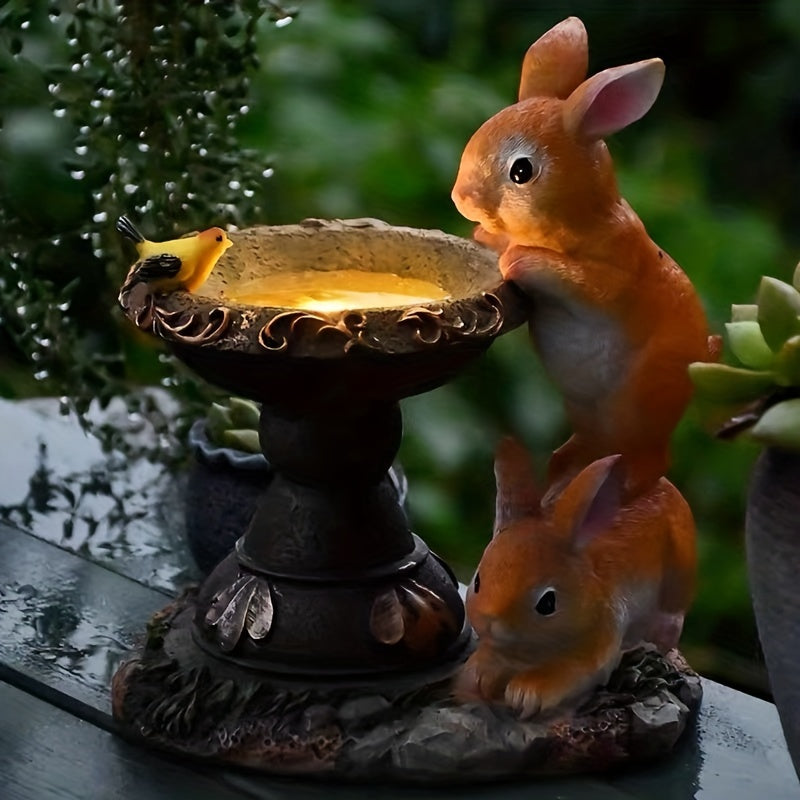 Outdoor Solar Light Creative Double Rabbit Drinking Water Ornament Resin Craft Garden Courtyard Light Balcony Animal Decoration Suitable for Porch, Courtyard and Gardening Decoration, Ideal Gift for Women and Grandmothers