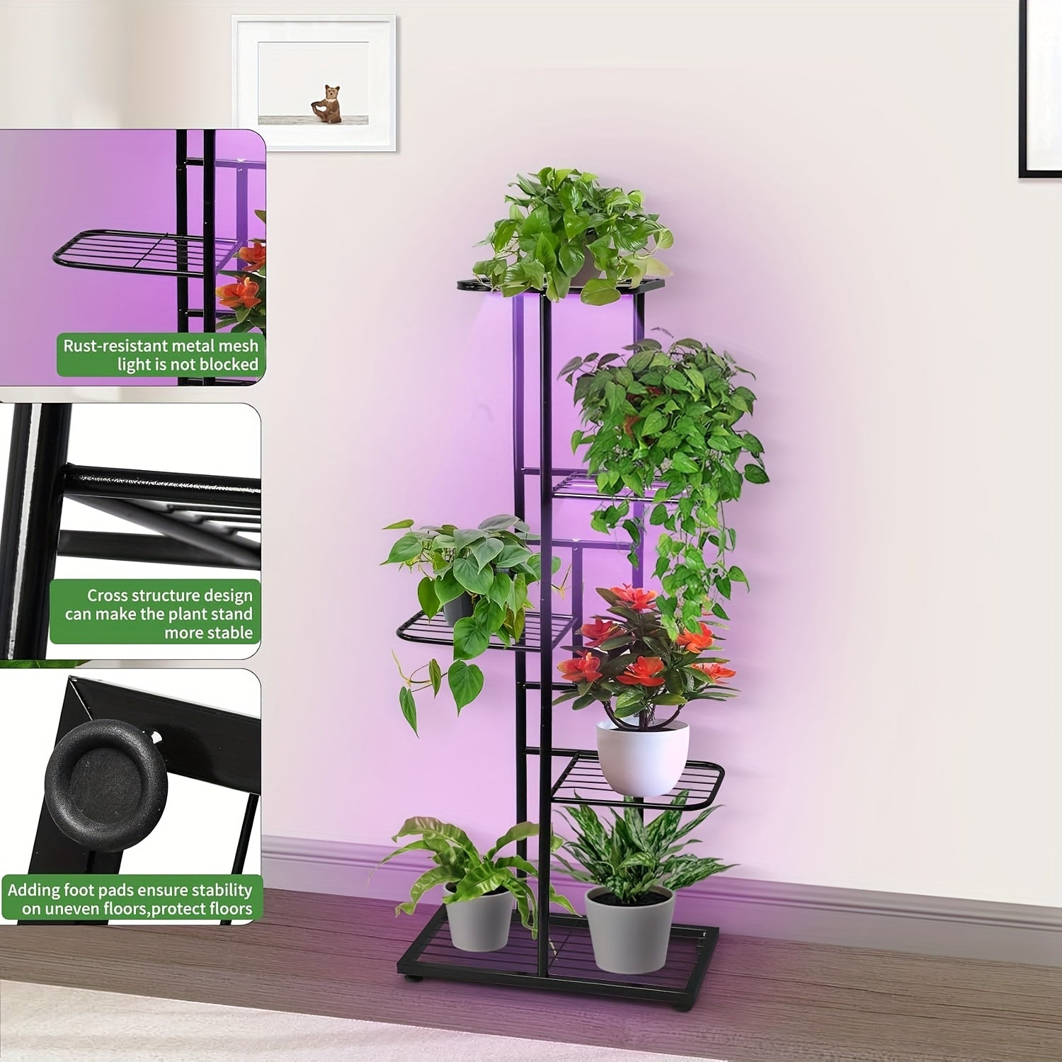 Indoor Plant Stand with Grow Light, 5-Tier 6-Pot Metal Multi-Function Flower Pot Shelf, Display Rack for Courtyard Balcony Living Room Corner Garden