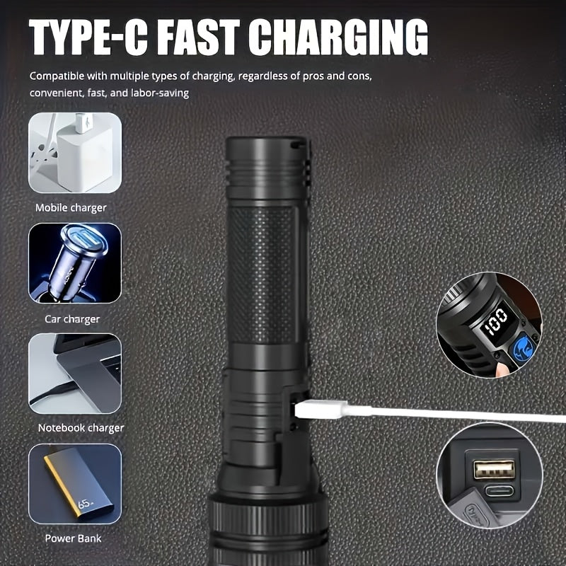 1Pc Super Bright Rechargeable LED Flashlight - High Strength Tactical Flashlight, USB Charging, 3 Light Modes, 1200mAh Long Lasting Battery, Ergonomic Grip Design, IP44 Waterproof