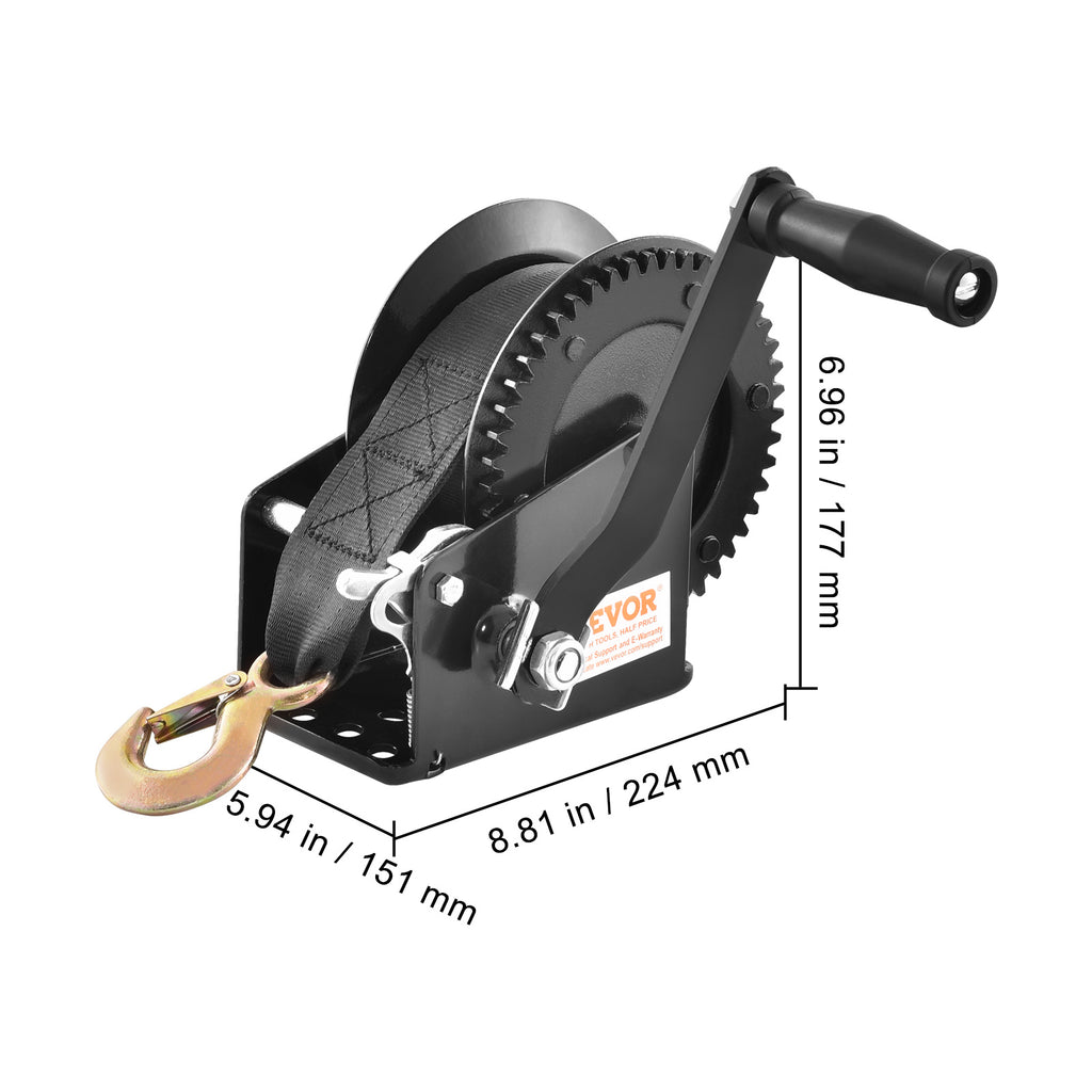 VEVOR Hand Winch, 1200/1600/2000/3500 lbs Pulling Capacity, Boat Trailer Winch with 23 ft Polyester Strap and Two-Way Ratchet, for Trailer, Boat or ATV Towing
