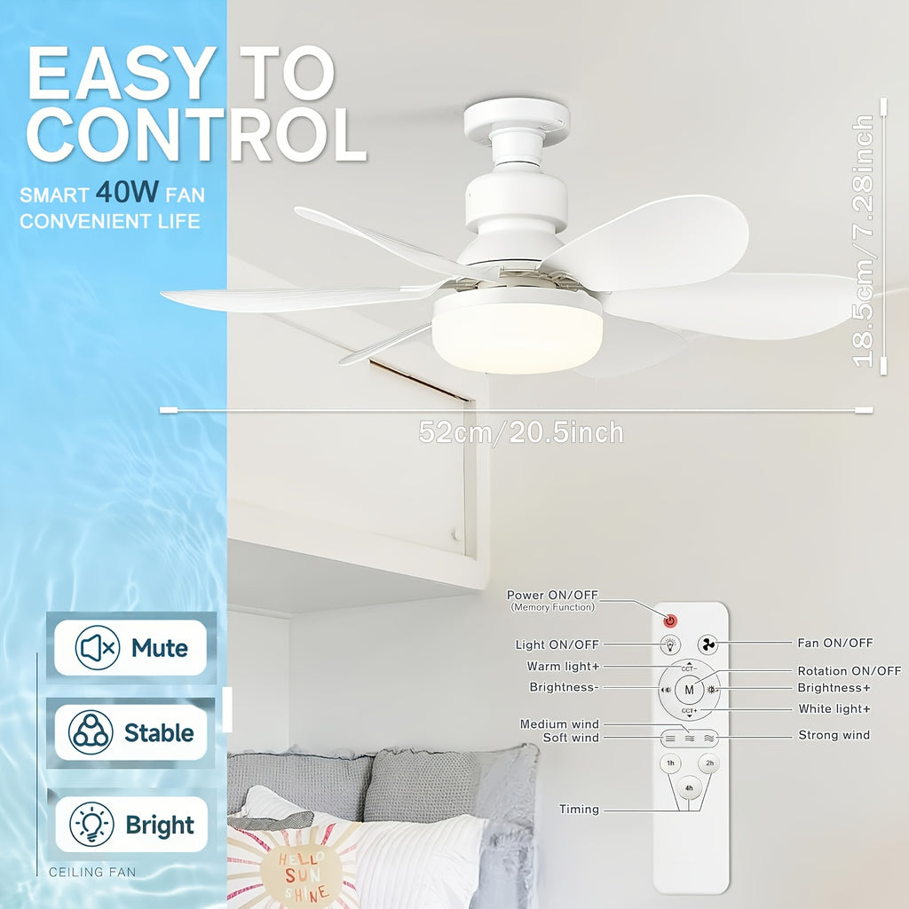 1pc Modern Remote Ceiling Fan Light, 3000K-6500K Dimmable Color Changing, Quiet E26/E27 Easy Install, Small Base Bulb Replacement, for Bedroom Kitchen Living Room