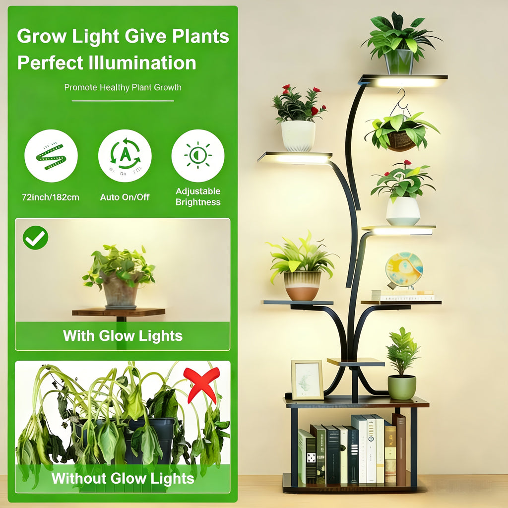 1-Piece Indoor Plant Stand with Adjustable Grow Light, 8-Tier Sturdy Metal Plant Display Shelf, 62 Inch Corner Storage Rack, Space-Saving Modern Style, Perfect for Home, Living Room, Bedroom and Balcony, Ideal for Potted Plants, Herbs and Succulents