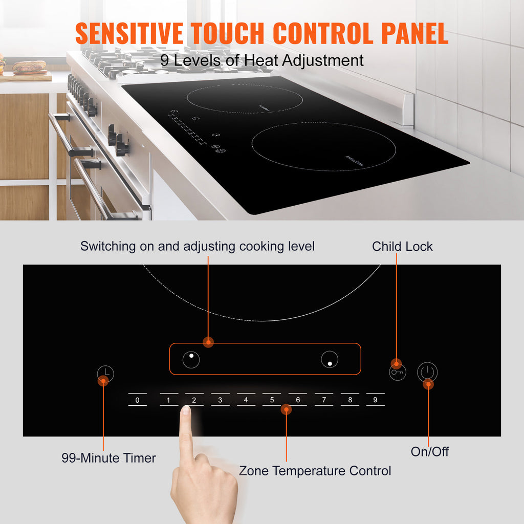 VEVOR Induction Cooktop, 2 Burners, 24-Inch Induction Stove, Built-In Magnetic Stove, 1800W, 9-Level Multi-Function Burner, LED Touch Screen, with Child Lock & Over-Temperature Protection