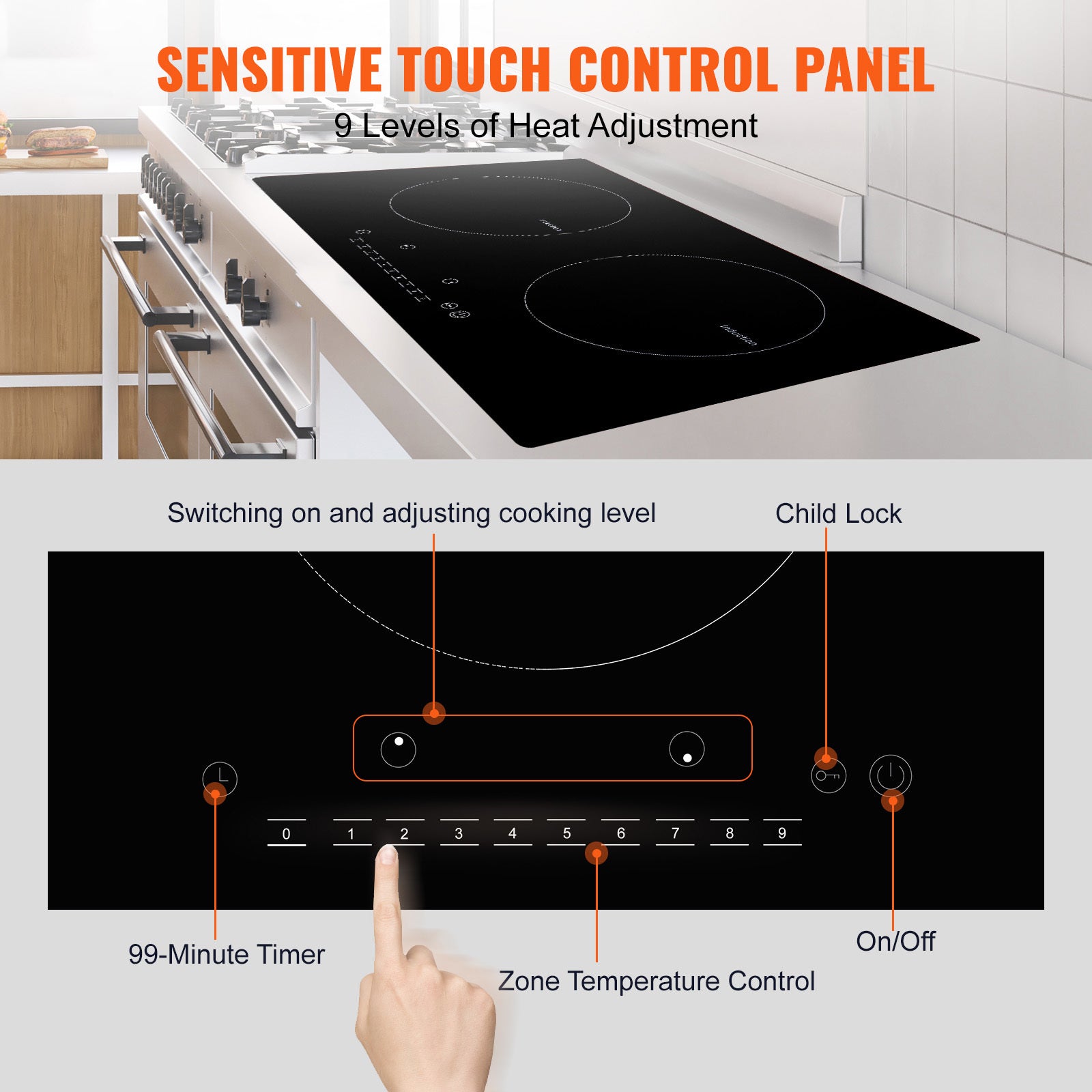 VEVOR Induction Cooktop, 2 Burners, 24-Inch Induction Stove, Built-In Magnetic Stove, 1800W, 9-Level Multi-Function Burner, LED Touch Screen, with Child Lock & Over-Temperature Protection