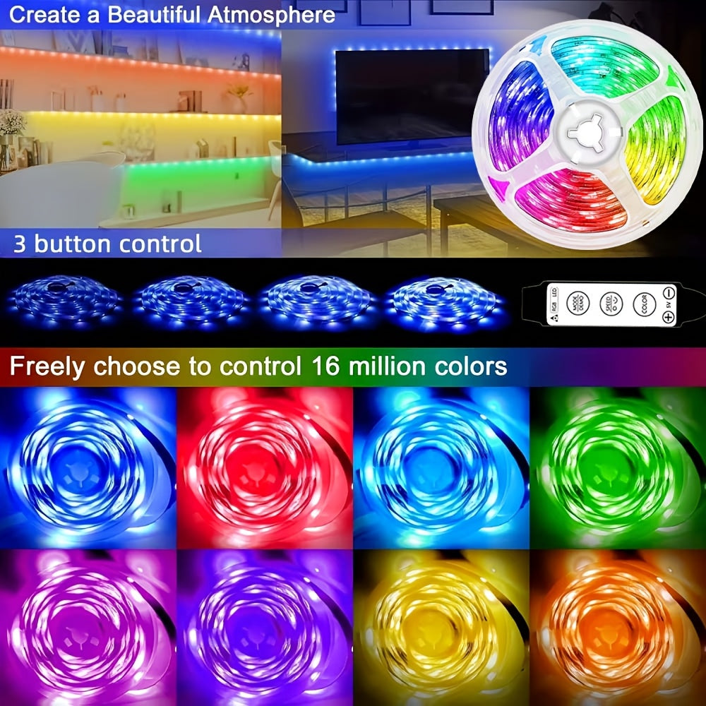 RGB 舞台氛围 LED 灯带 3.28ft‑131.23ft USB 供电 3 键控制 多色可变光 适用于派对演出婚庆节日布景 电视卧室客厅专业氛围照明