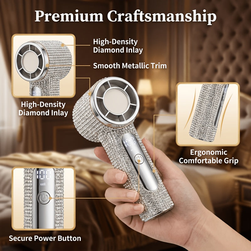 New Rhinestone Turbo High-Speed Handheld Fan, 100-Step Stepless Speed Regulation, Must-Have for Outdoor Travel & Activities, Portable Mini Fan with Strong Wind & Long Battery Life