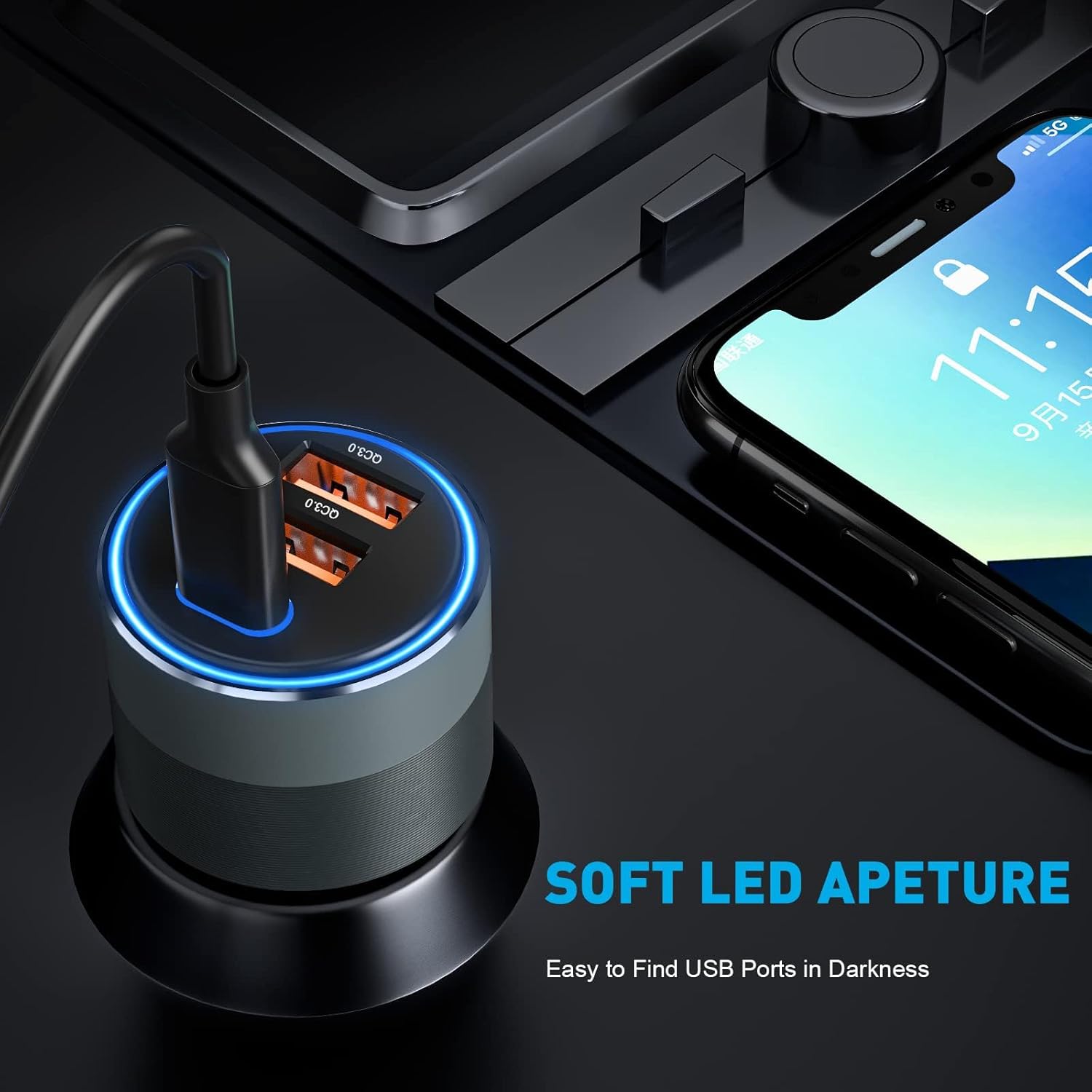 USB C Car Charger for iPhone 16, 66W Car Lighter Adapter USB Fast Car Charger PD 30W+Dual QC3.0[Metal Shell][Ambient Light] for iPhone 16 15 14 13 Pro Max Samsung Galaxy Note Google Pixel