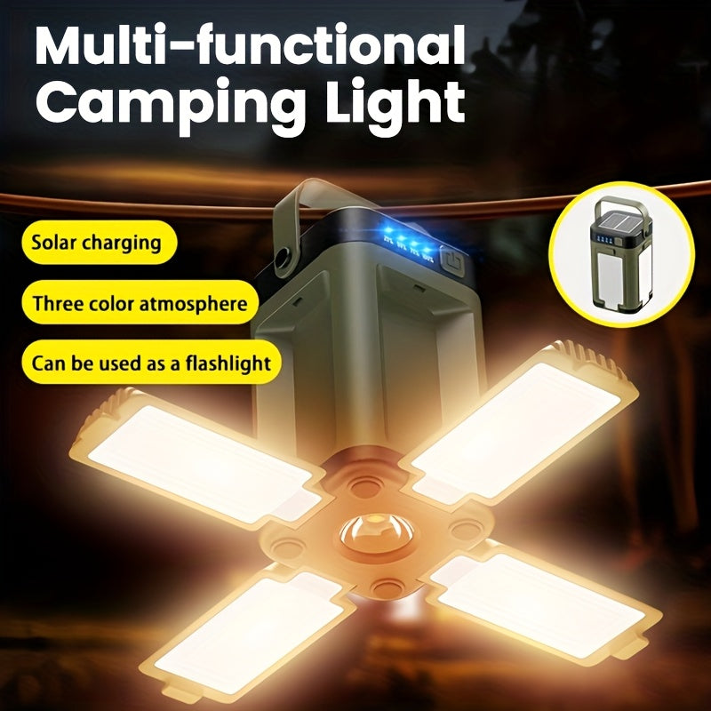 1 Pack Rechargeable LED Solar Camping Light Portable Foldable Hanging Tent Lamp 6 Lighting Modes Handheld Flashlight for Hiking Travel Fishing Emergency and Gift Giving